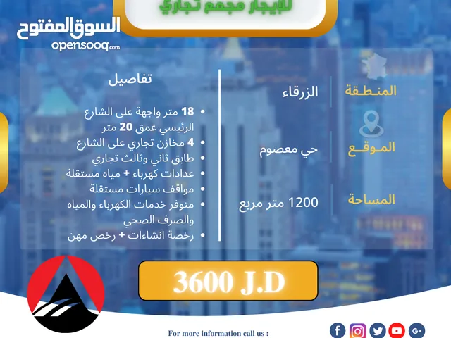مجمع تجاري للإيجار بدون خلو في موقع مميز في الزرقاء حي معصوم الشارع الرئيسي جوار دوار معصوم
