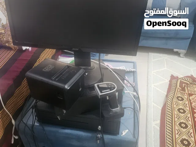 كرسي وسيستم مبيعات كمبيوتر وطابعة فواتير ودرج كاشر وقارء إلكتروني ليزر عن بعد