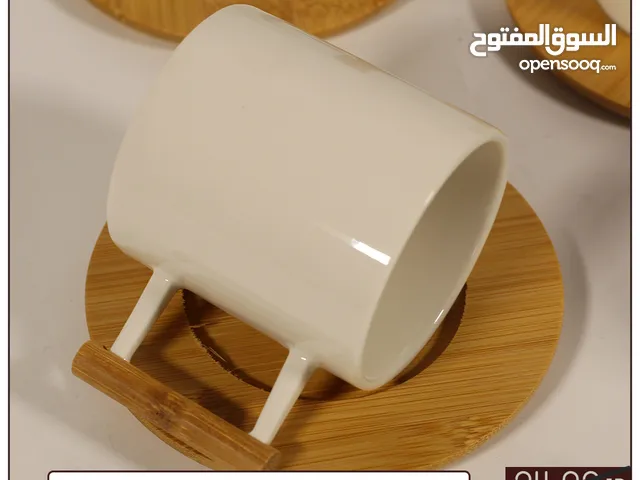 طقم فناجين شاي مع صحون خشب 12 قطعة