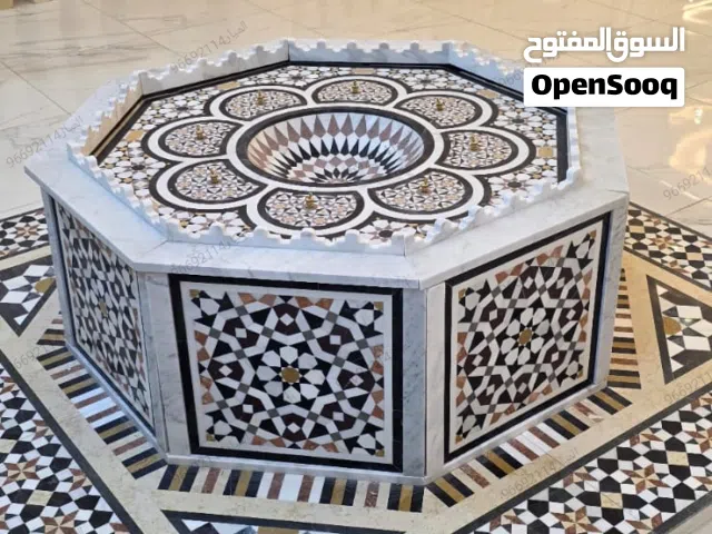 نوافورة شامية  داخلية وطاولات  رخامية واستاندات ومباخر وشلالات ومغاسل ولوحات  بكافة الأشكال المقاسات