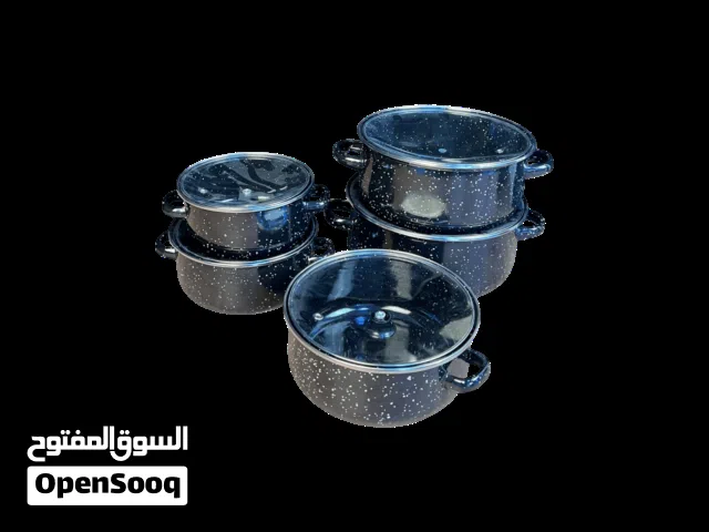 طقم قدور مينا. فاخر 5 قطع بغطاء زجاجي