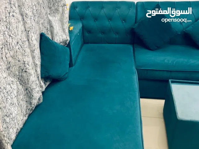 Modern Teal Fabric L Shape Sofa with Coffee Table