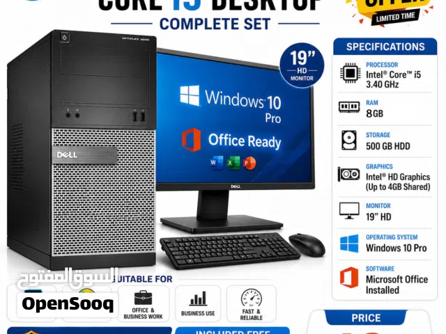 Dell Core i5 - Computer Set Speed 3.30Ghz 8GB RAM  500GB Win 10 Pro 19′′ HD Monitor