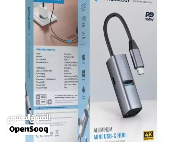 وصلة موزع باورولوجي المصنوع من الألومنيوم ميني بمنفذ USB-C مع منفذ HDMI بدقة 4K ومنفذ USB 3.0 ومنفذ