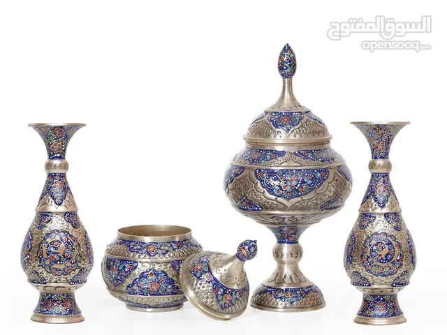 Özel El Yapımı İran Sanat Seti – Bakır Üzerine El Oyma, 99% Gümüş Kaplama ve Tezhip Sanatı