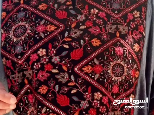 Dark Navy Abaya with Traditional Red Palestinian Embroidery - Free Size