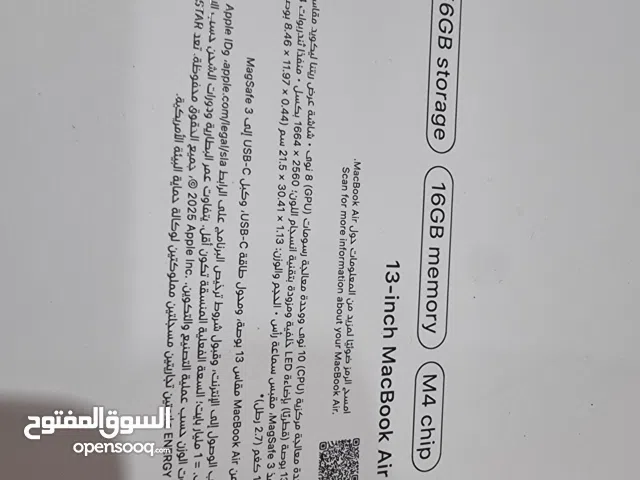 جديد مع كفالة لم يستخدم ماك بوك اير M4 شاشة 13.6 رام 16 هارديسك 265 ssd بقي واحد جهاز