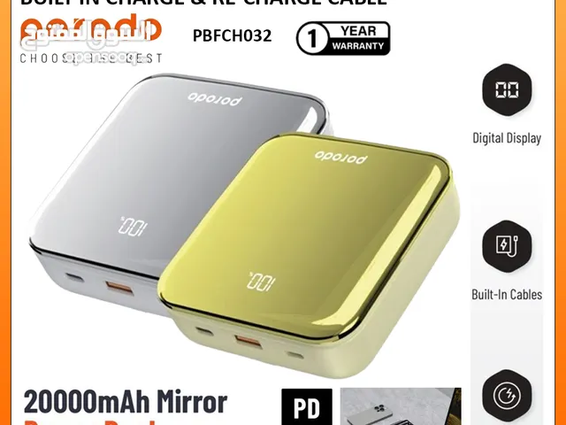Porodo 20000Mah Mirror Power Bank Built -In Charge & Re-Charge Cable - PBFCH032 ll Brand-New ll
