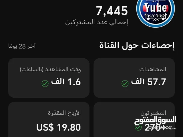 (قناة يوتيوب) (للبيع ربحها) $خلال يومين 20 دينار مفعلة $ فيها 7500 مشترك للبيع المستعجل