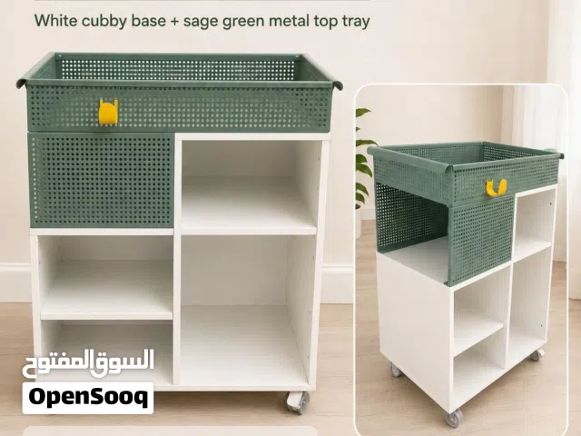 green and white storage with wheels