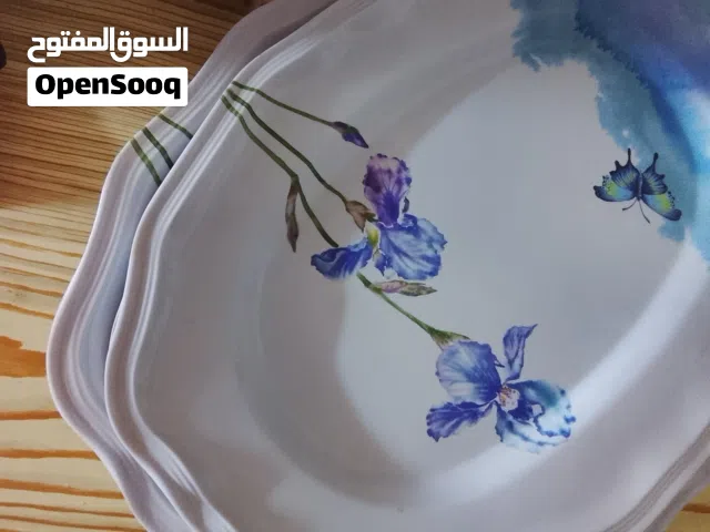 صحون ميلامين مزخرفه لون ابيض وازرق وثلاث احجام ..5حجم صغير صحن دائري..3جاط صغير..3جاط حجم كبير