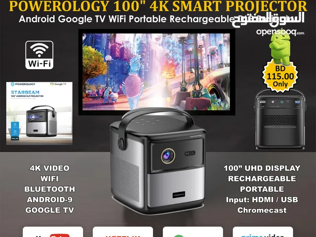 Powerology StarBeam 4K WiFi Projector 100" Android Google Portable (Can Watch TV Channels)