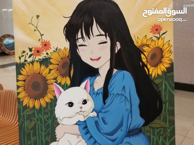 لوحة زيتيه فنية بيد عمانيه ( انمي مع قطه)