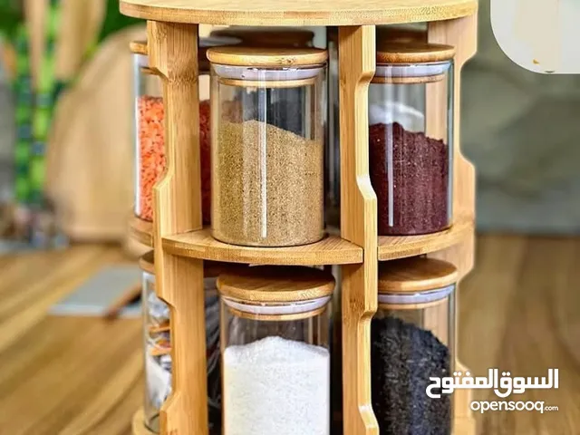 سيت شكردان خشبي دوار مع 10 علب بهارات زجاج غطاء خشبي