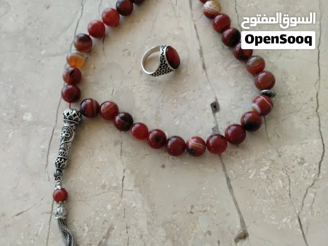 خاتم عقيق كبدي مع مسبحه حجر عقيق