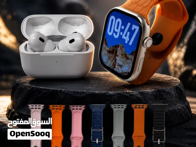 ساعة ذكيه و ايربود مع سبع سيوره بكج ممتاز و سعر مناسب ماركة s3000 pro و مناسبه للرجال و النساء