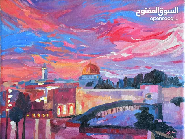 لوحة فنية انطباعية لقبة الصخرة عند الغروب