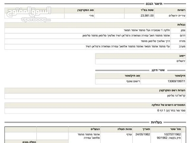 أرض للبيع في القدس منطقة صور باهر