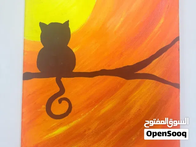 لوحة فنية يدوية رسم أكريليك – قطة وقت الغروب