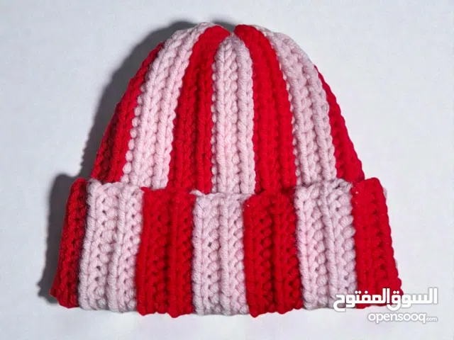 Handmade crochet red and light pink striped ribbed chunky beanie adult size