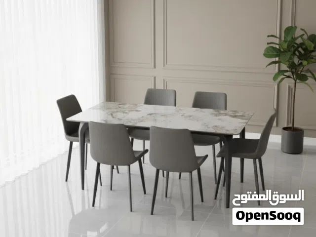 طقم طاولة طعام رخامي مع 6 كراسي باللون الرمادي - 910-9120