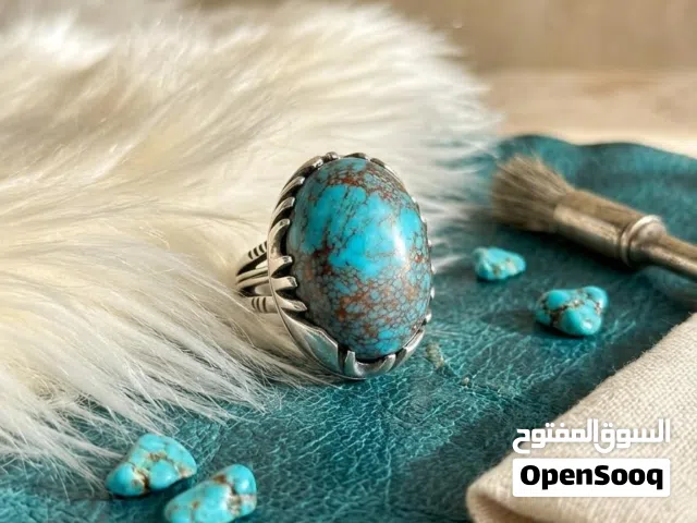 خاتم فضة 925 صياغة ثقيلة ومميزة بحجر فيروز طبيعي حجم راهي