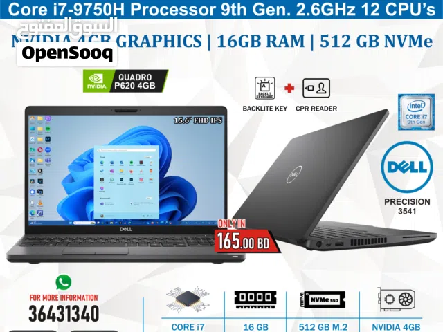 DELL Workstation Core i7 9th Generation 15.6" FHD Laptop NVidia 4GB Graphics 16GB RAM + 512GB M2 SSD