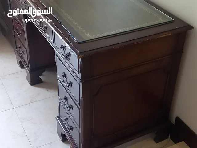 Vintage Wooden Desk with Glass Top – Elegant Carved Design & Ample Storage