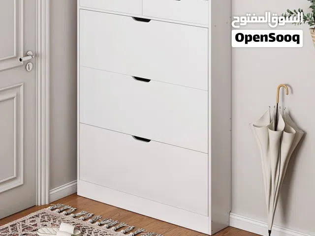 خزانة أحذية خشبية قلاب مع جرارين لون ابيض المقاس 80*17*130سم
