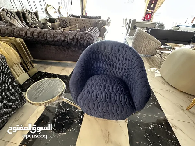 Modern Turkish Chair with Attached Table - Nickel Frame and Navy Blue Velvet