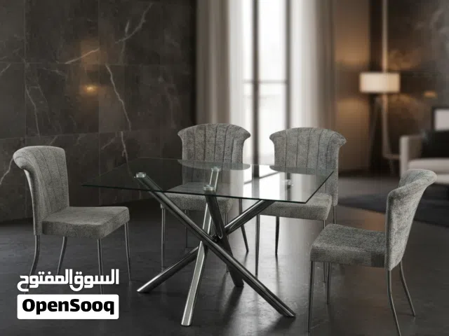 طقم طاولة طعام زجاجية مودرن مع 4 كراسي رمادية فاخرة - DTC 903