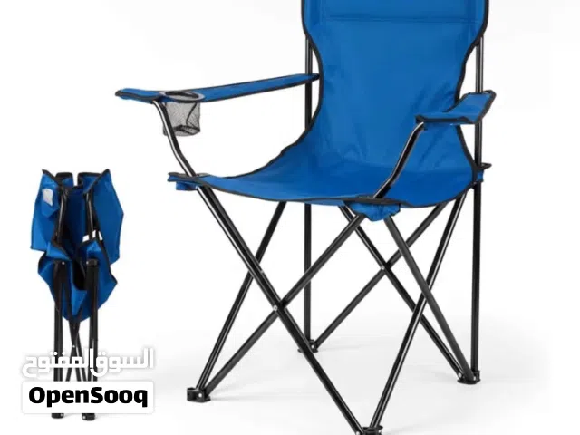 Portable Foldable Camping Chair with Armrest and Cup Holder - Blue