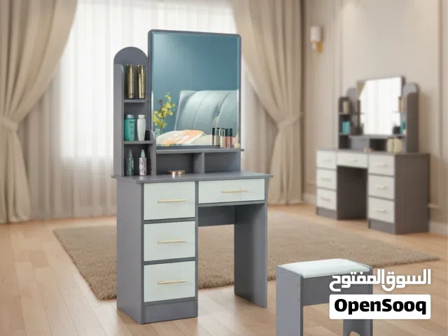 طاولة زينة (تسريحة) عصرية مع مرآة ومقعد - لون رمادي وأبيض