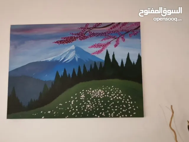 لوحة جبلية فنية بألوان هادئة – رسم يدوي مميز - رسم لوحات