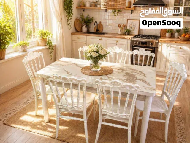 ميز طعام 6 كرسي سطح الميز خشب رجل حديد كرسي عظم عاج قياس الميز 120*70سم