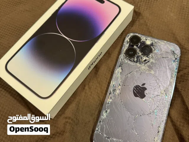 iPhone 14 Pro Max 256GB Purple Battery 89% الزجاجة الخلفية مكسورة وما بدي اصلحو عشان ما ينفتح