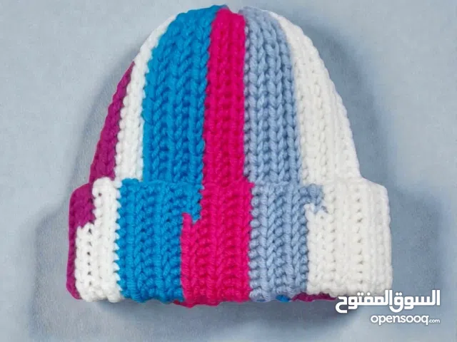 Handmade crochet ribbed multicolored striped beanie in pink, white, purple, blue and light blue