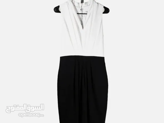 H&M Women's Dress Ivory Black Stretch V-Neck Pleated Sleeveless Pencil Bodycon L