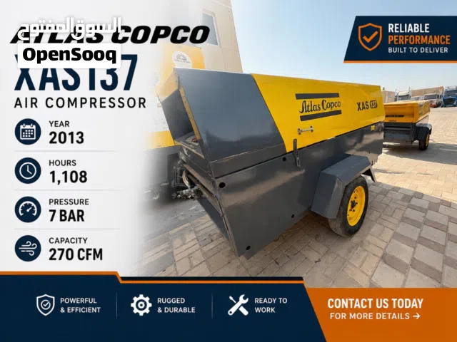 Atlas Copco XAS 137DD Air Compressor Year 2013  Hours: 1,108  7 BAR  270 CFM