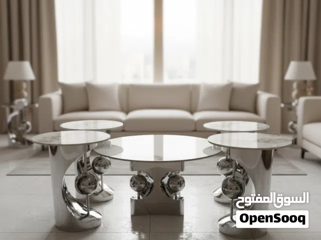 طقم طاولات قهوة مودرن 7 قطع سطح رخامي وقاعدة كروم فضي - KH22