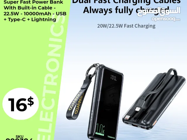 Super Fast Power Bank With Built-in Cable – 22.5W – 10000mAh – USB + Type-C + Lightning