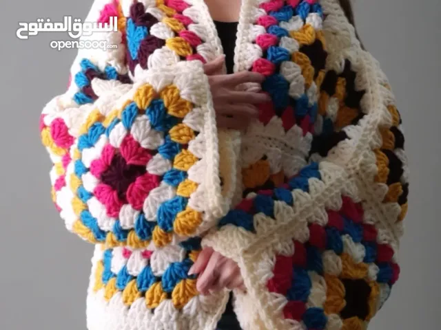 Handmade crochet grannysquare cardigan adult size cream pink purple blue and yellow