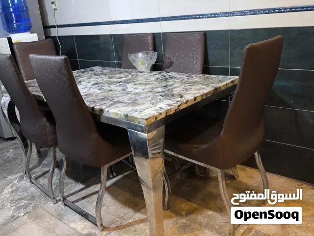 ميز مرمر رجلين ستيل + 6 كراسي ستيل