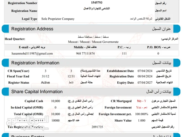 سجل تجاري استثماري للبيع