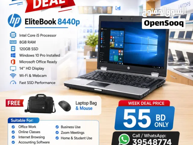 HP Core i5 Laptop EliteBook 8GB RAM 120GB SSD Win 10 Pro Office 14" HD Dispy Call/WhatsApp