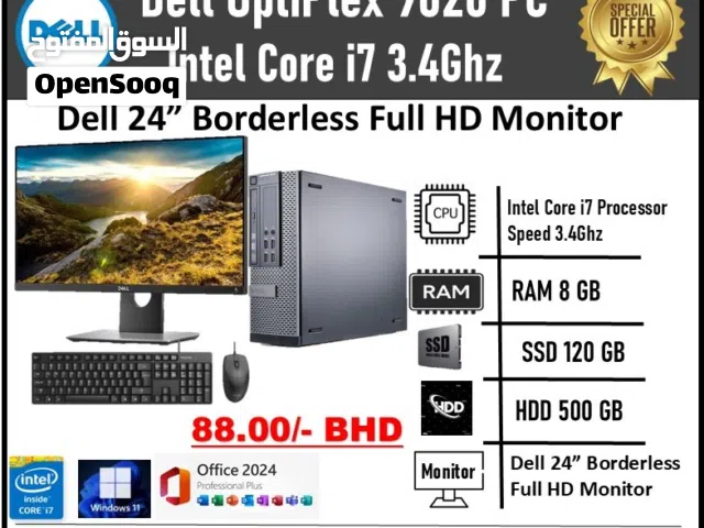 Dell Core i7 3.4Ghz PC 8GB RAM 120GB SSD + 500GB HDD DELL 24" Full HD Borderless Monitor
