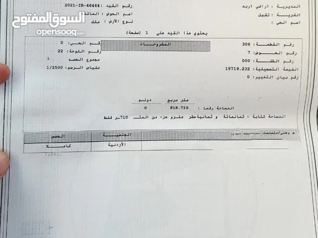 ارض سكنية للبيع مساحة 819 متر مربع خلف اسواق الفرقان خلف المؤسسة العسكرية سابقا مشجرة زيتون