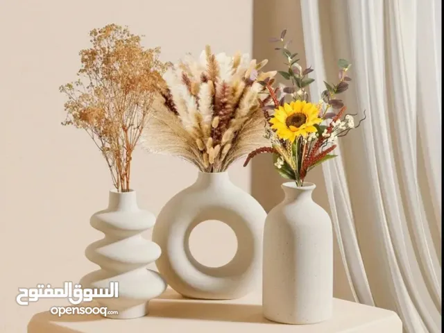 طقم فازات سيراميك بتصميم بوهيمي أنيق – 3 قطع ديكور للزهور الطبيعية و الجافة
