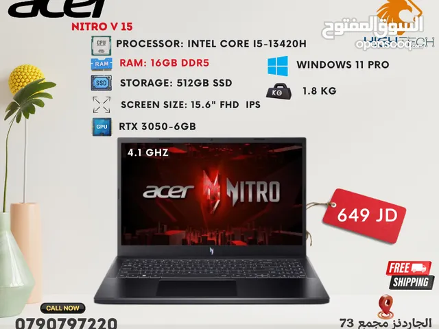لابتوب ايسر-i5 جيل 13-8رام-512 SSD-كرت شاشة 3050-15.6" -وندوز11-لابتوبات Acer Nitro