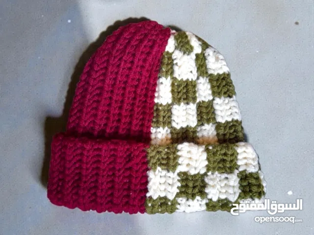 Handmade crochet half burgundy red half olive and cream checkered ribbed chunky beanie adult size